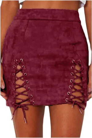 Meyeeka Womens Sexy High Waist Lace Up Bodycon Faux Suede Split Tight Mini Skirt