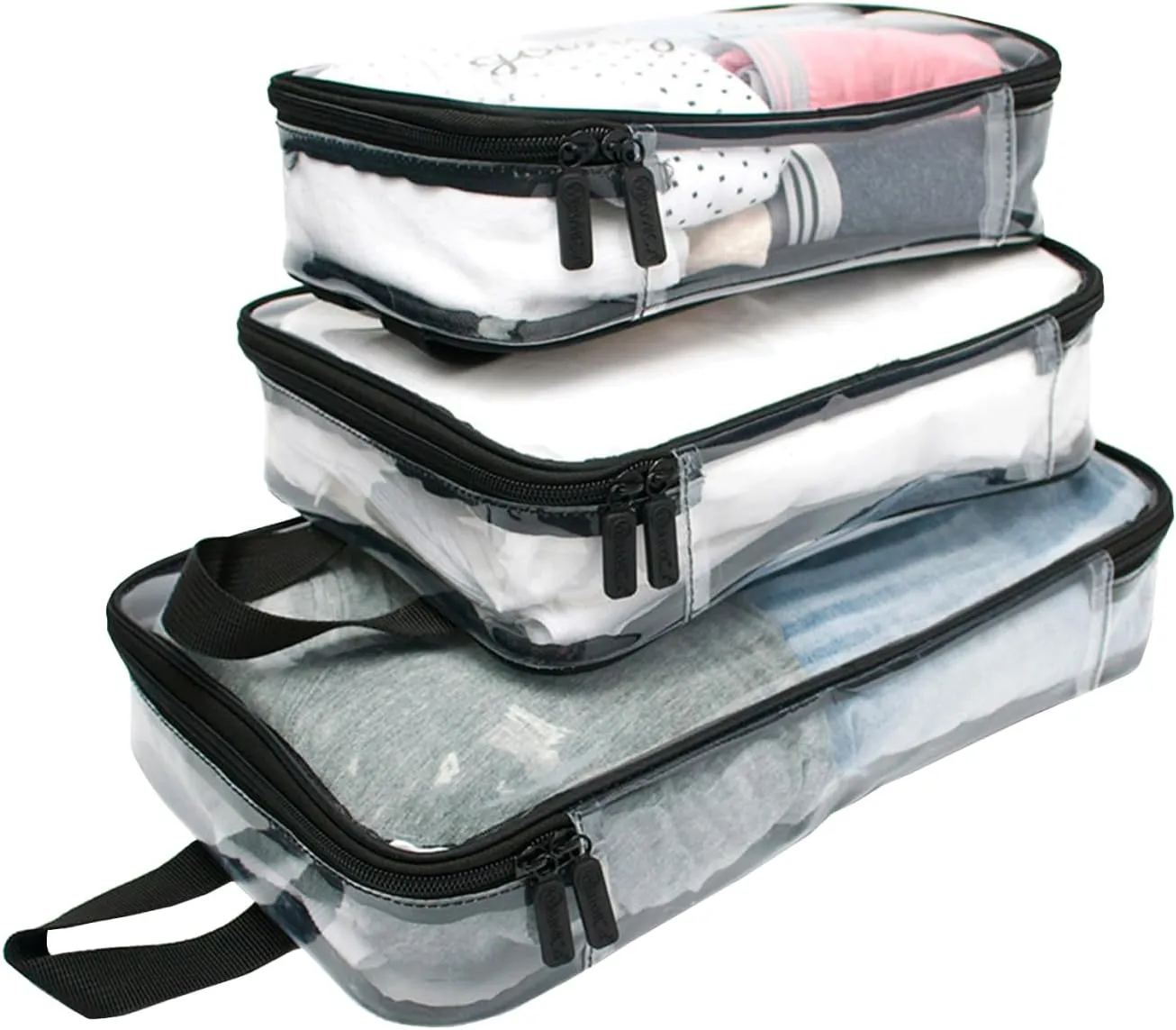 Miamica 3-Piece Packing Cubes, Clear/Black – Includes One Large, One Medium, and One Small Suitcase Organizer – Lightweight, Durable Design