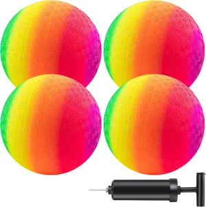 Mic Playground Balls Kickballs 8.5 Inch, Rainbow Playground Ball Set for Kids and Adults, Dodgeball Kick Balls Handball for Indoor & Outdoor Schoolyard Games with Hand Pump(4 Pack)