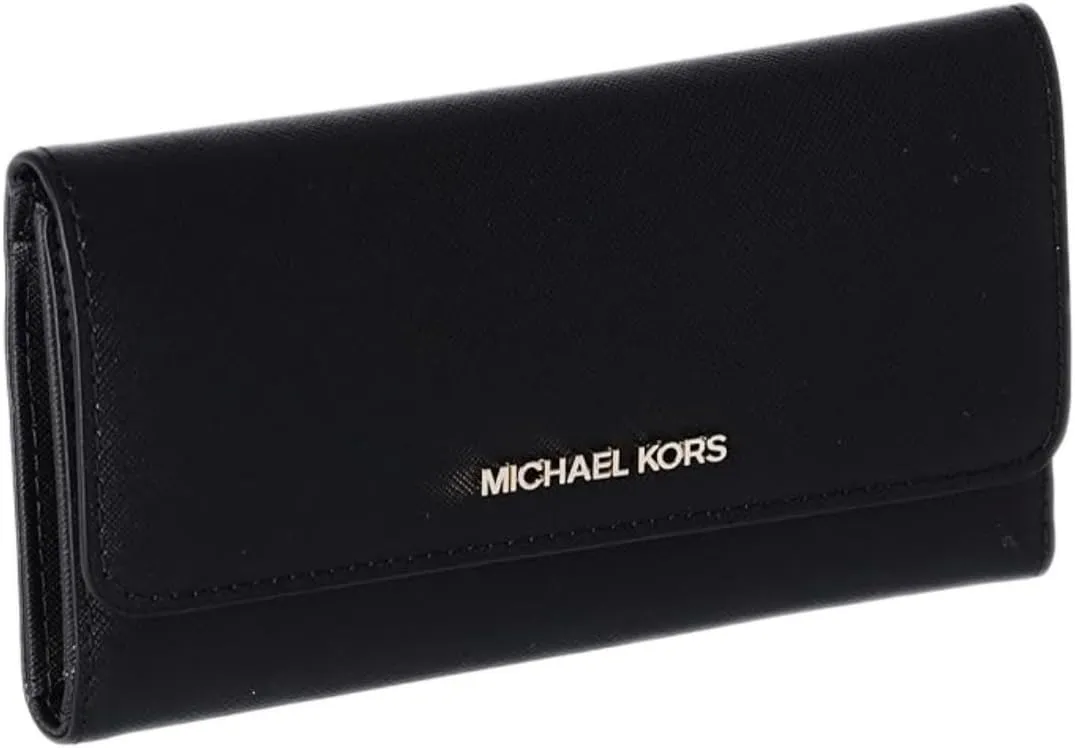 Michael Michael Kors Womens Jet Set Travel Large Trifold Leather Wallet (Black/Gold)