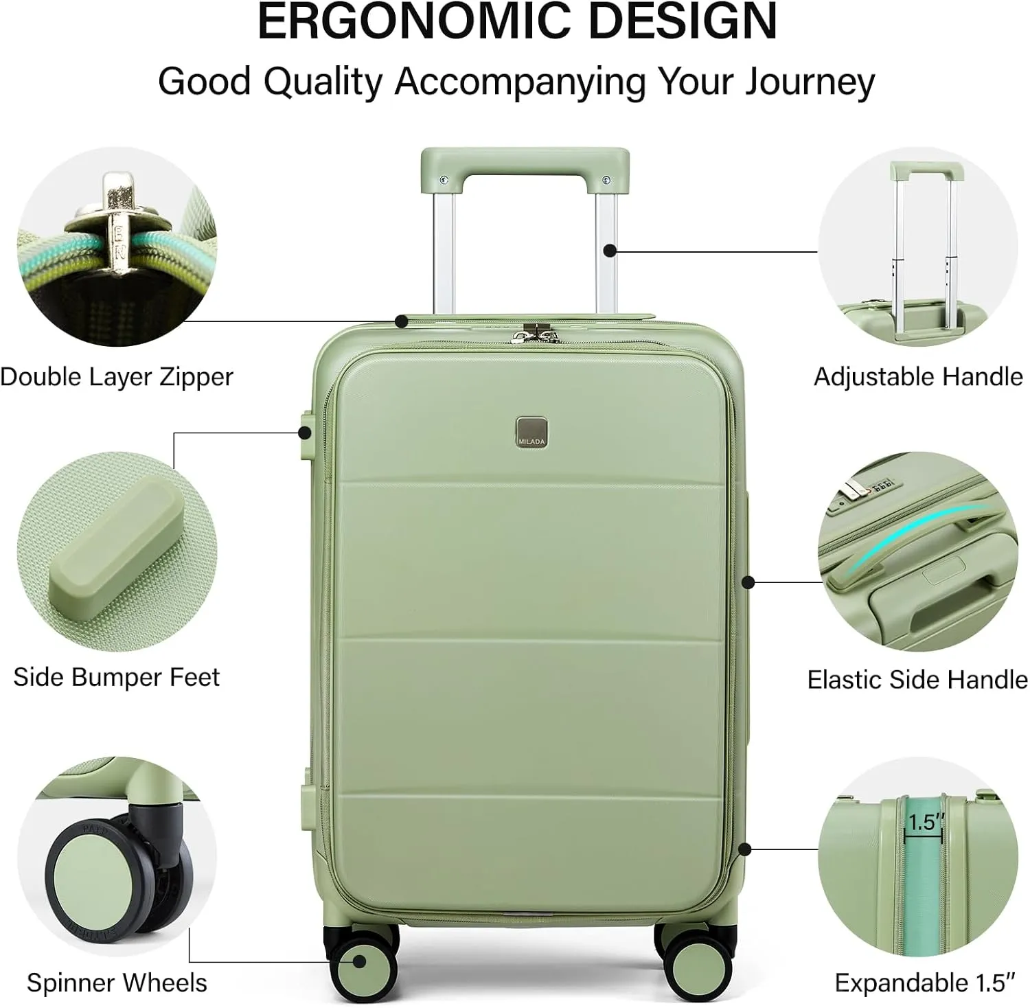 MILADA 20 inch Expandable Carry On Luggage 22x14x9 Airline Approved With Wheels Top Opening Carry On Suitcase Travel Luggage With TSA Carry On Luggage Carry On Bag Hard Shell Suitcases, Bamboo Green