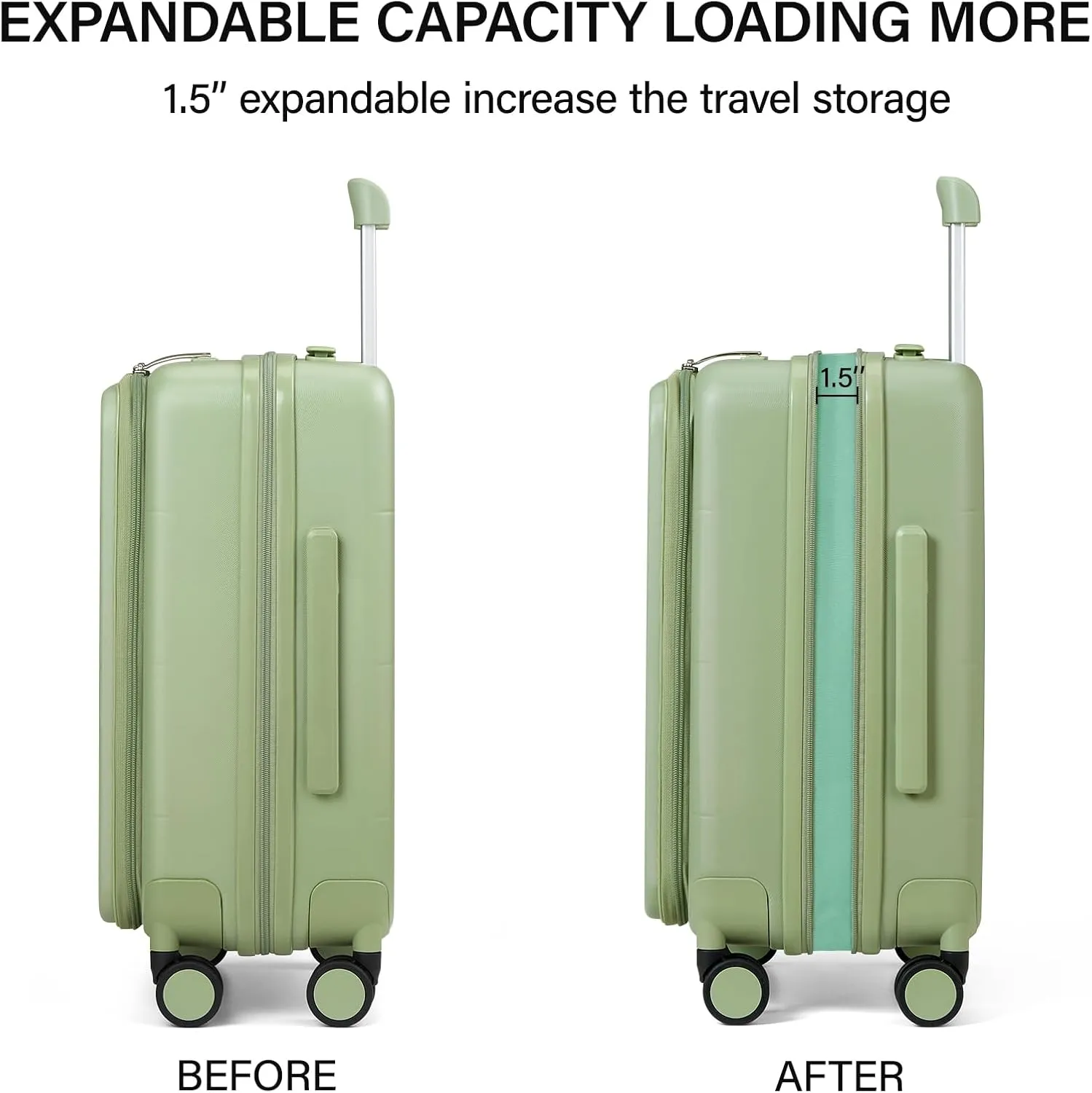 MILADA 20 inch Expandable Carry On Luggage 22x14x9 Airline Approved With Wheels Top Opening Carry On Suitcase Travel Luggage With TSA Carry On Luggage Carry On Bag Hard Shell Suitcases, Bamboo Green