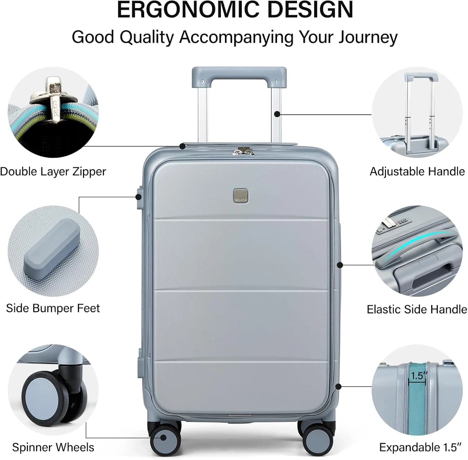 MILADA Expandable Carry On Luggage 22x14x9 Airline Approved With Wheels Top Opening 20 inch Carry On Bag Hard Case Luggage TSA Approved Carry On Suitcase Rolling Luggage for Weekender, Grey