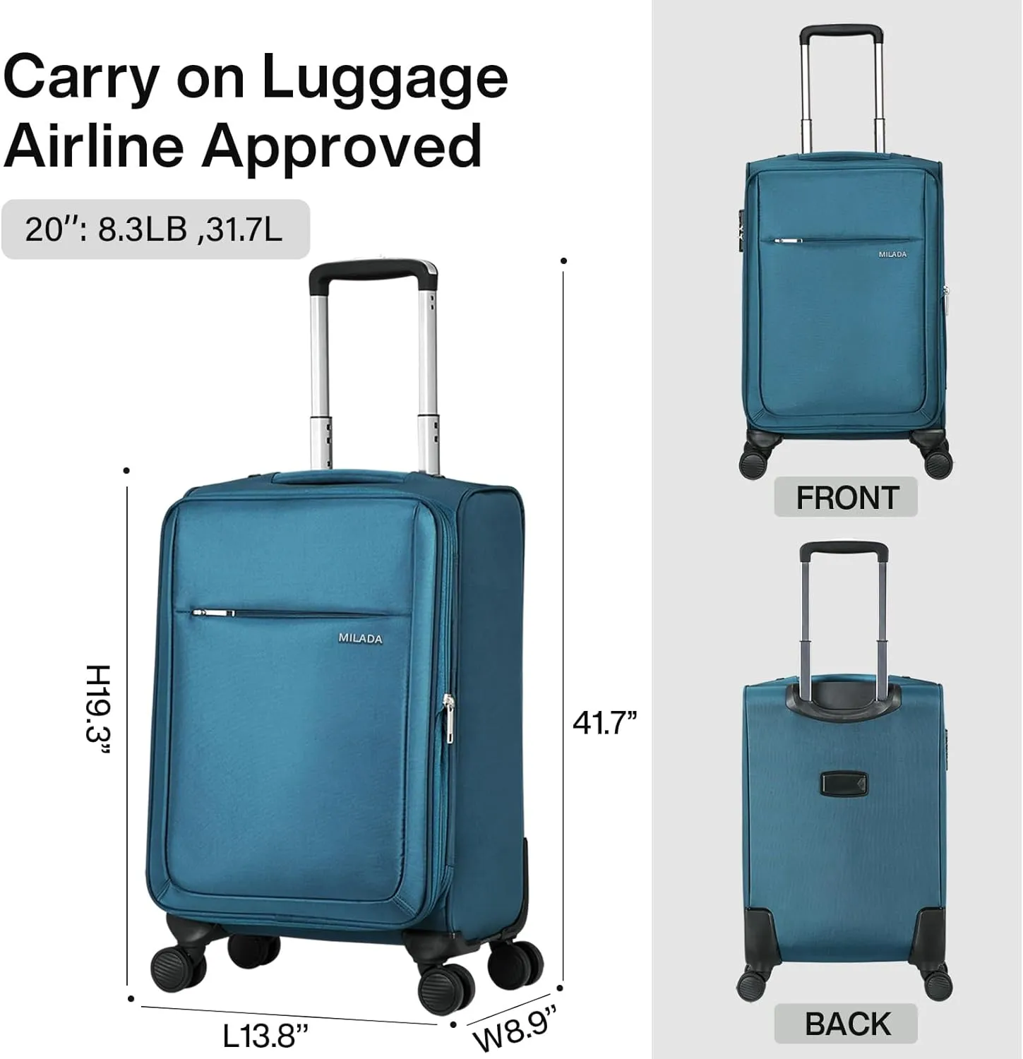 MILADA Luggage Suitcase Softside Expandable Carry on Luggage 22x14x9 Airline Approved Spinner Wheels Suitcases with Wheels Carry on Size Travel Luggage TSA Approved Luggage, Blue