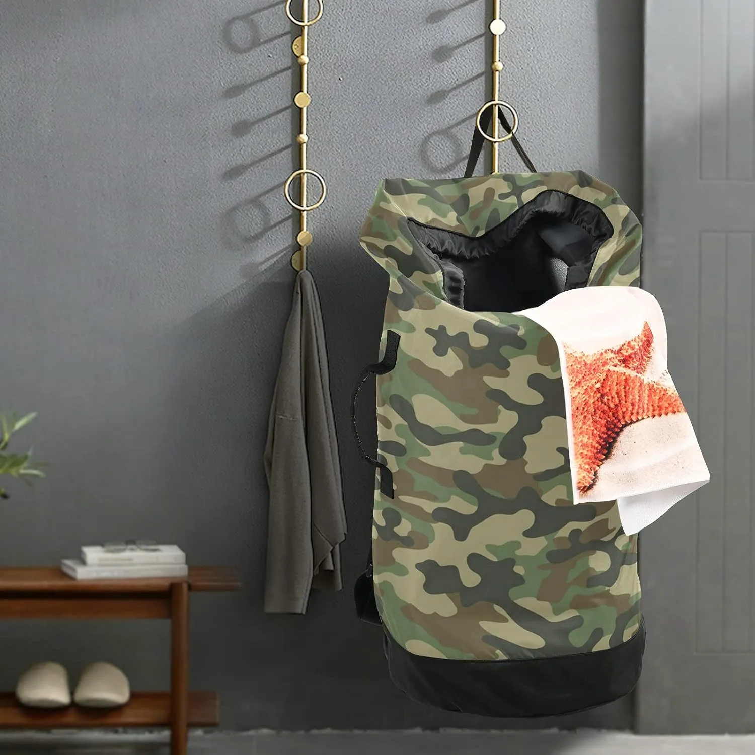 Military Army Camouflage Green Laundry Bag Large Heavy Duty Laundry Backpack for College Students Laundry bag with Shoulder Straps Washable for Camp Traveling Waterproof