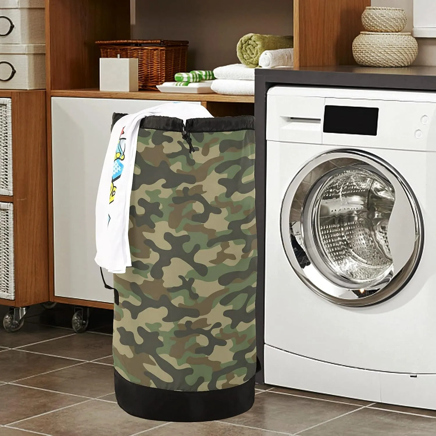 Military Army Camouflage Green Laundry Bag Large Heavy Duty Laundry Backpack for College Students Laundry bag with Shoulder Straps Washable for Camp Traveling Waterproof