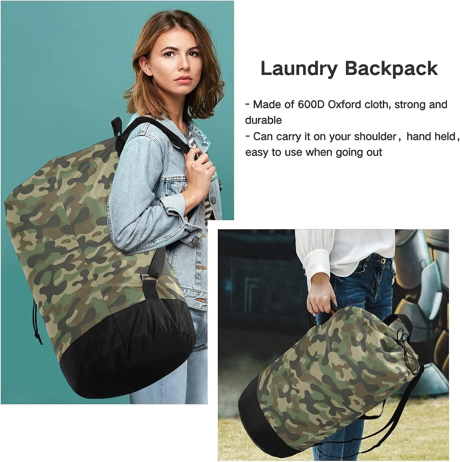 Military Army Camouflage Green Laundry Bag Large Heavy Duty Laundry Backpack for College Students Laundry bag with Shoulder Straps Washable for Camp Traveling Waterproof