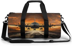 Military Plane Landing on Airforce Runways Against Beautiful Dusky Sky Sport Gym Duffle Travel Bag for Women Men Overnight Weekender Bag with Shoe Compartment,Wet Pocket