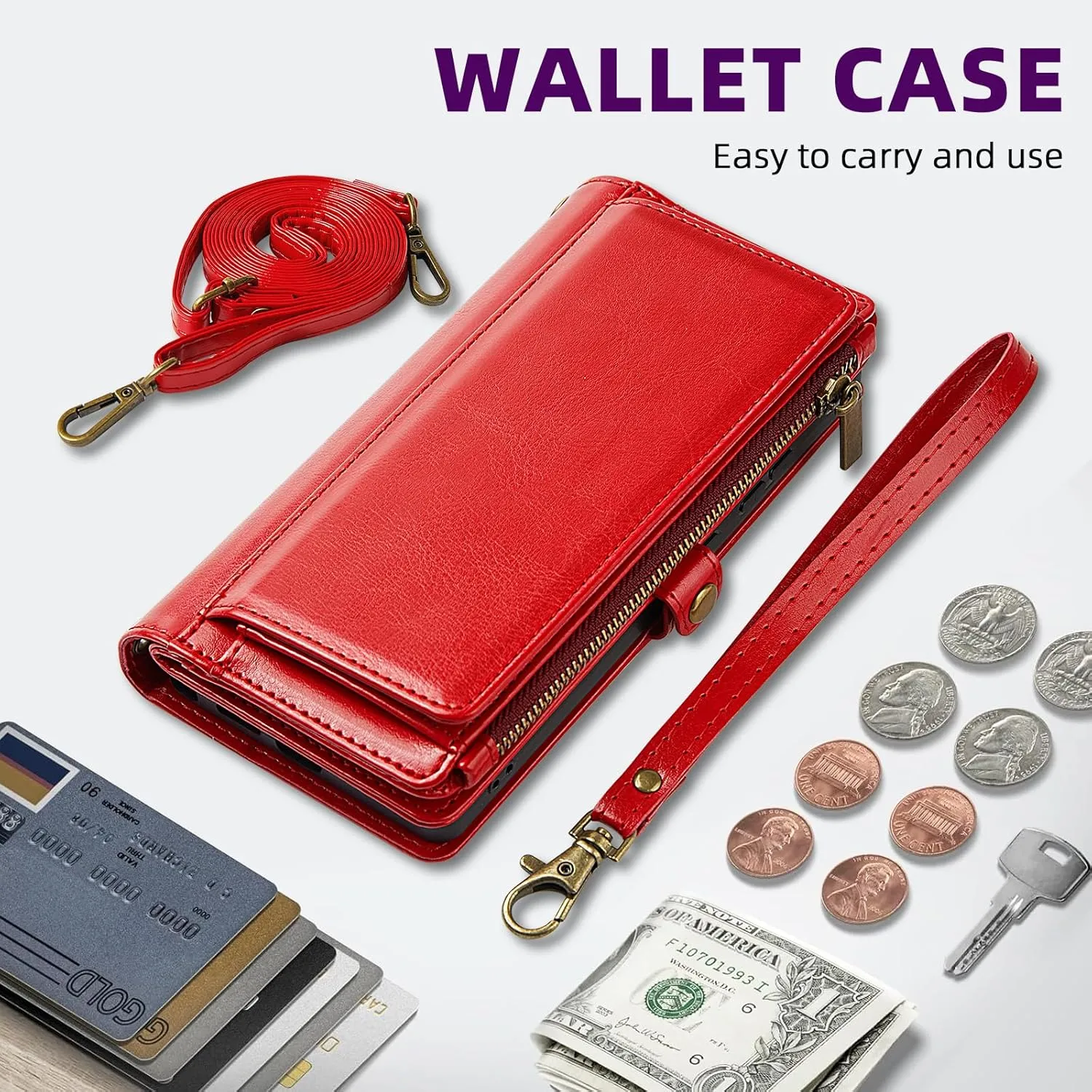 MInCYB Compatible with iPhone 16e Wallet Case with Crossbody Strap, RFID Blocking Card Holder – PU Leather Phone Purse for Women & Men, 6.1". Red