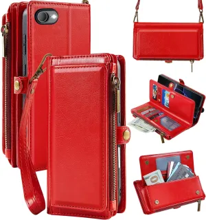 MInCYB Compatible with iPhone 16e Wallet Case with Crossbody Strap, RFID Blocking Card Holder – PU Leather Phone Purse for Women & Men, 6.1". Red