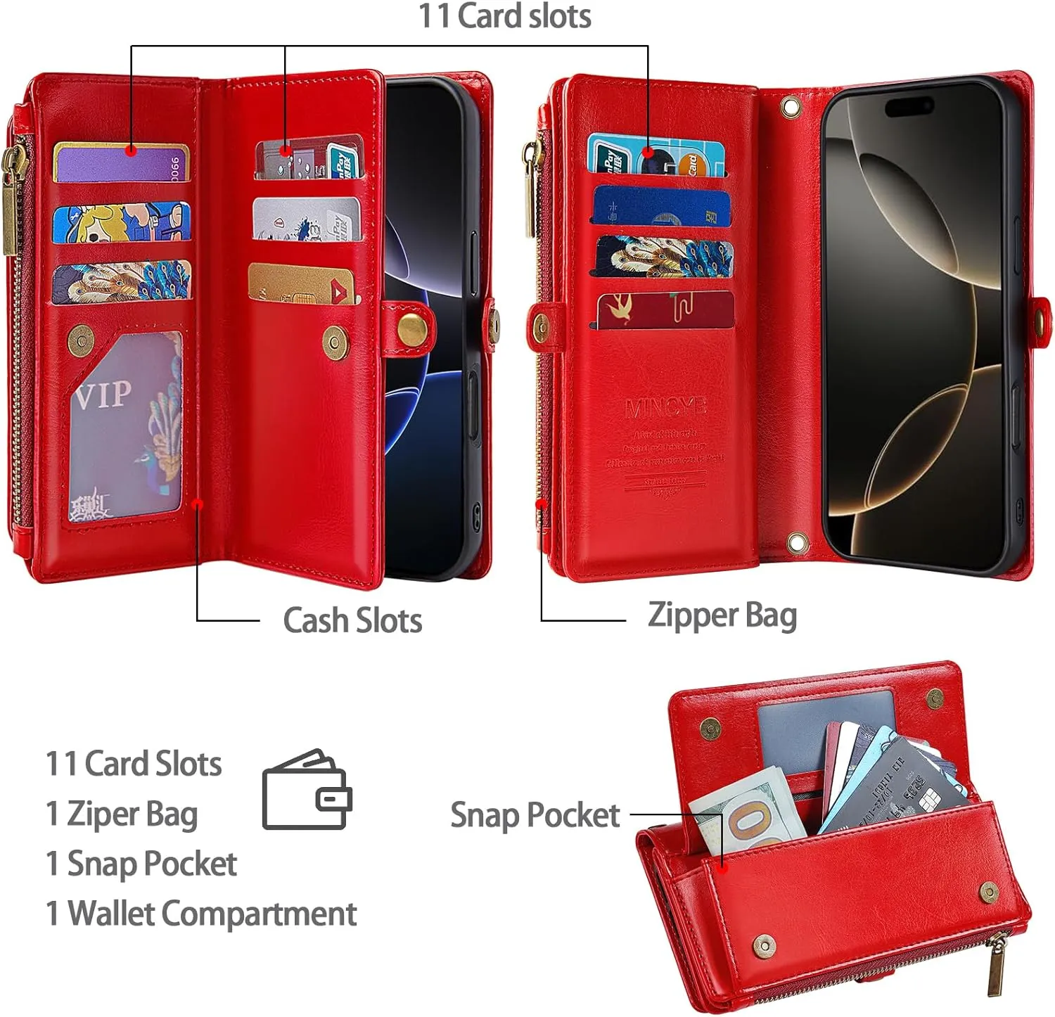 MInCYB Compatible with iPhone 16e Wallet Case with Crossbody Strap, RFID Blocking Card Holder – PU Leather Phone Purse for Women & Men, 6.1". Red