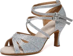 Minishion Dancing Heels for Women with Rhinestones Ankle Strap Wedding Formal Sandals Shoes