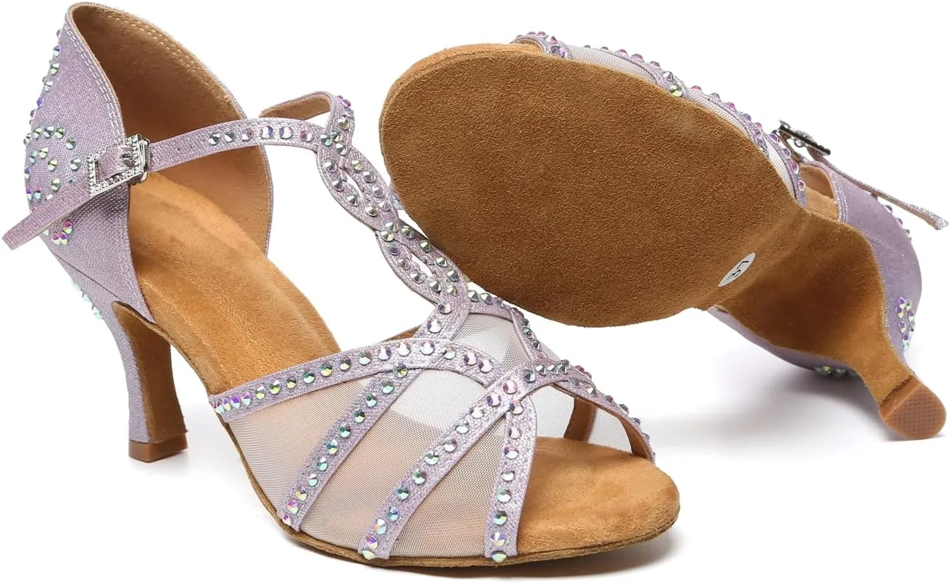 Minishion Latin Salsa Dance Shoes for Women Rhinestones Pattern Wedding Evening Sandals