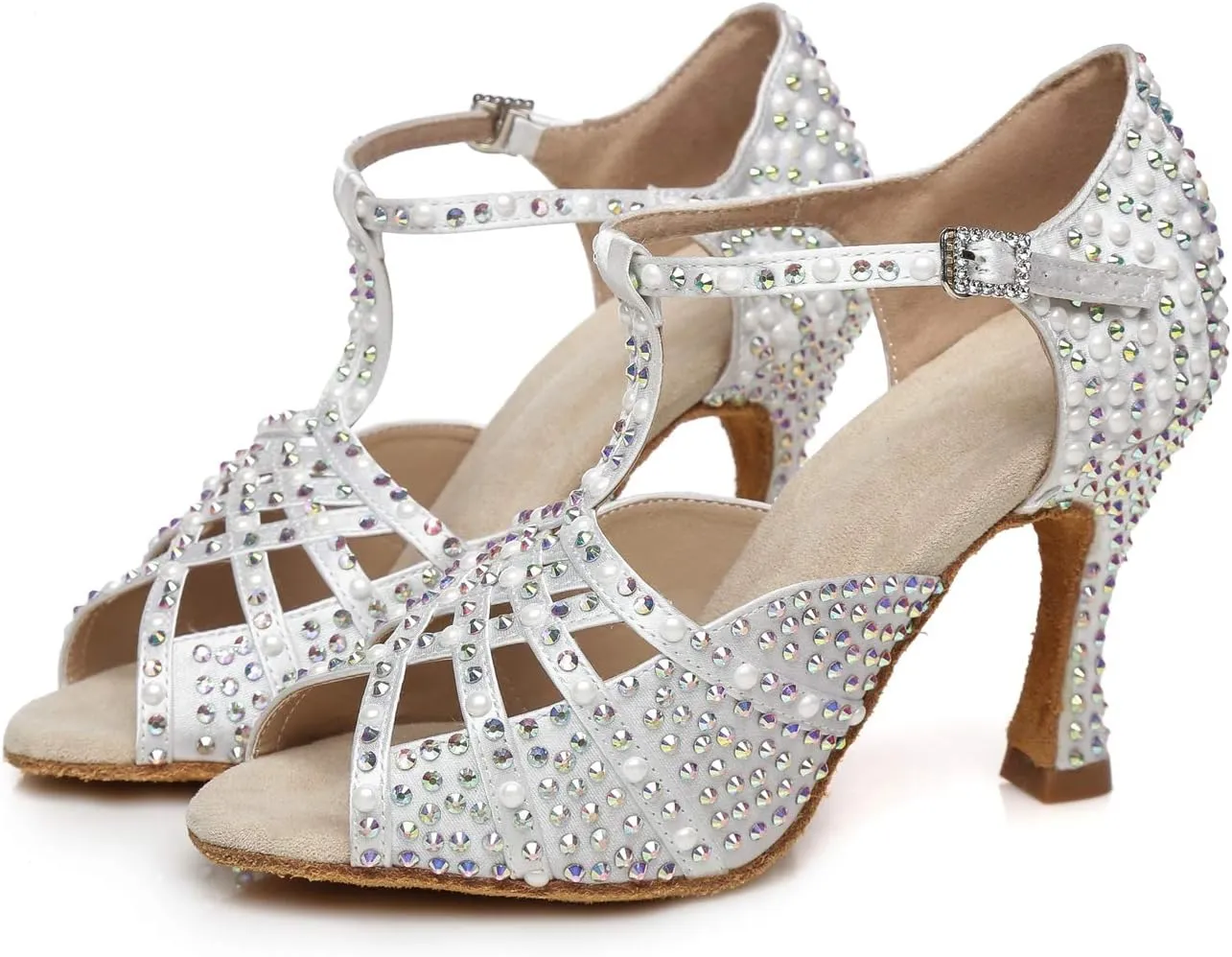 Minishion Women's T-Strap Crystals Bead Dance Shoes Wedding Sandals L431