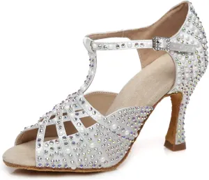 Minishion Women's T-Strap Crystals Bead Dance Shoes Wedding Sandals L431