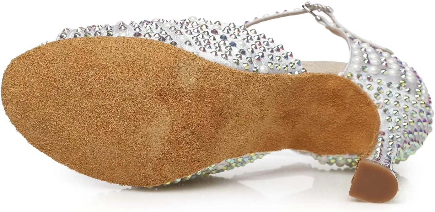 Minishion Women's T-Strap Crystals Bead Dance Shoes Wedding Sandals L431