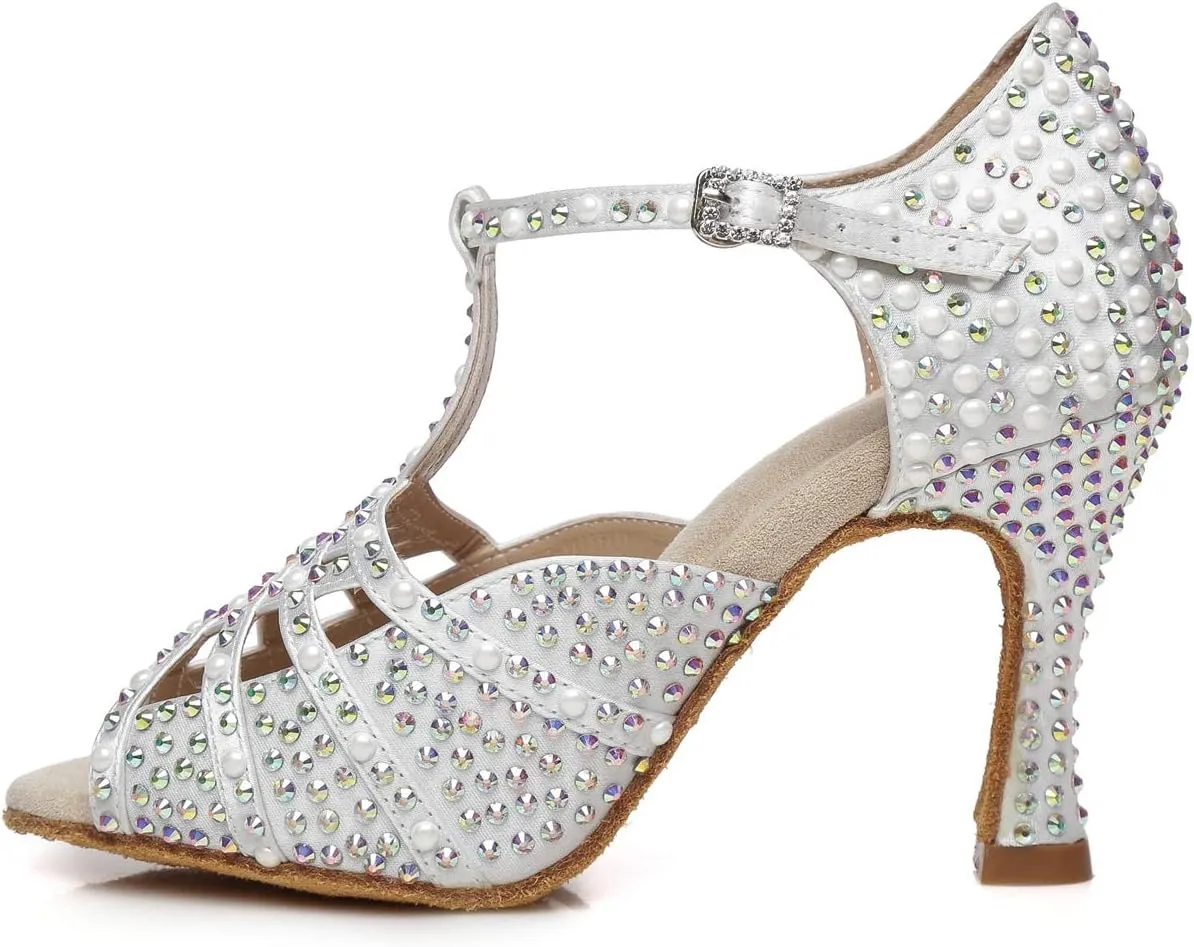 Minishion Women's T-Strap Crystals Bead Dance Shoes Wedding Sandals L431