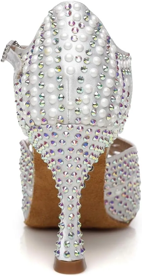 Minishion Women's T-Strap Crystals Bead Dance Shoes Wedding Sandals L431