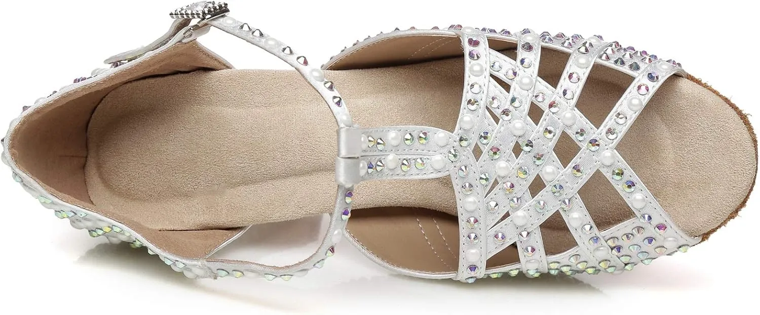 Minishion Women's T-Strap Crystals Bead Dance Shoes Wedding Sandals L431