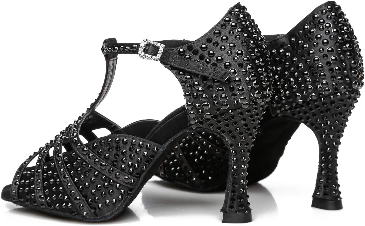 Minishion Women's T-Strap Crystals Bead Dance Shoes Wedding Sandals L431