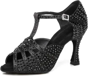 Minishion Women's T-Strap Crystals Bead Dance Shoes Wedding Sandals L431