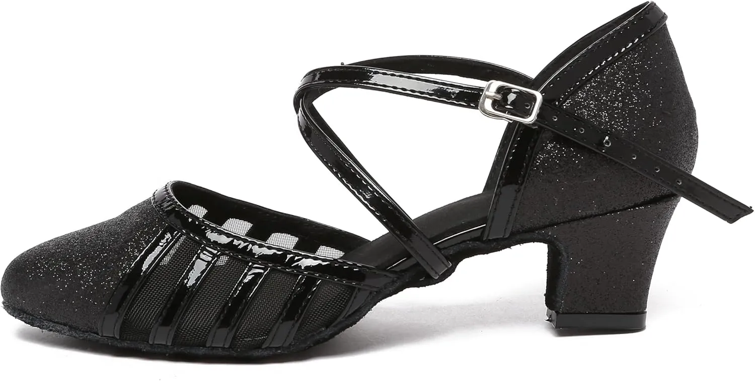 Minishion Women's T-Strap Dance Heels Glitter Salsa Ballroom Shoes Wedding Party Pumps