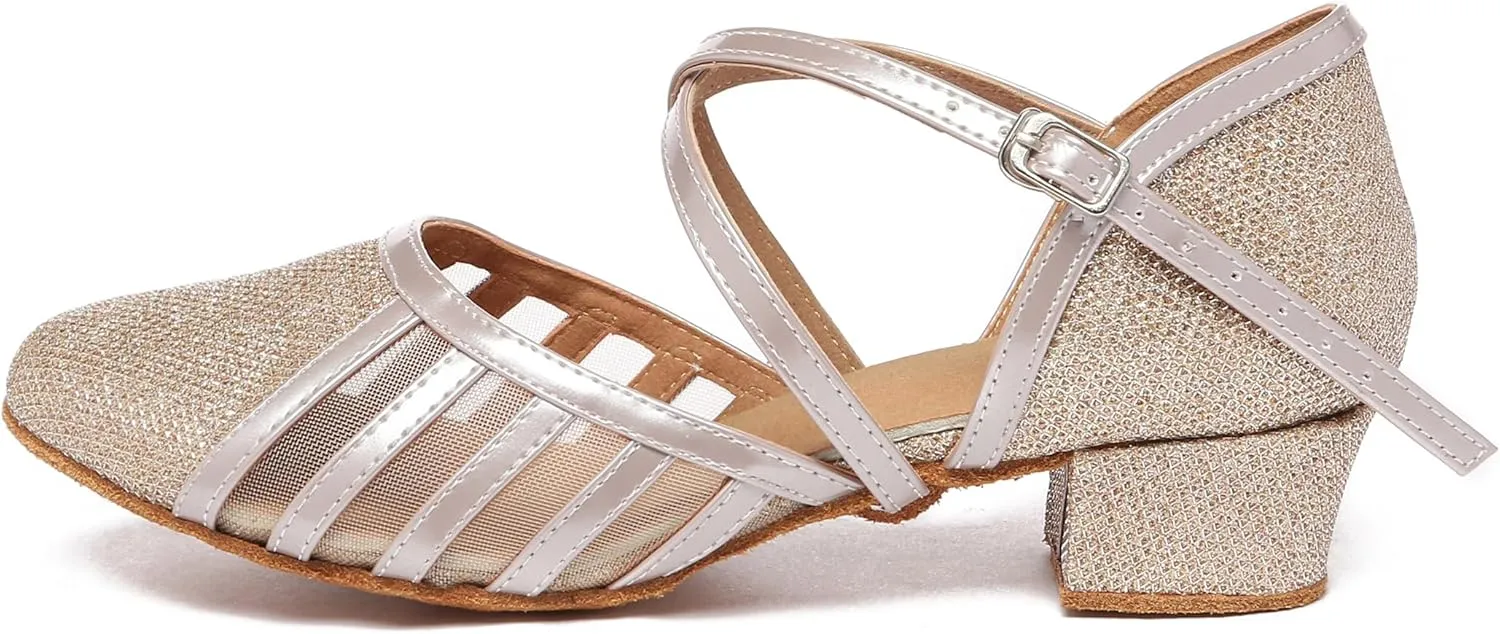 Minishion Women's T-Strap Dance Heels Glitter Salsa Ballroom Shoes Wedding Party Pumps