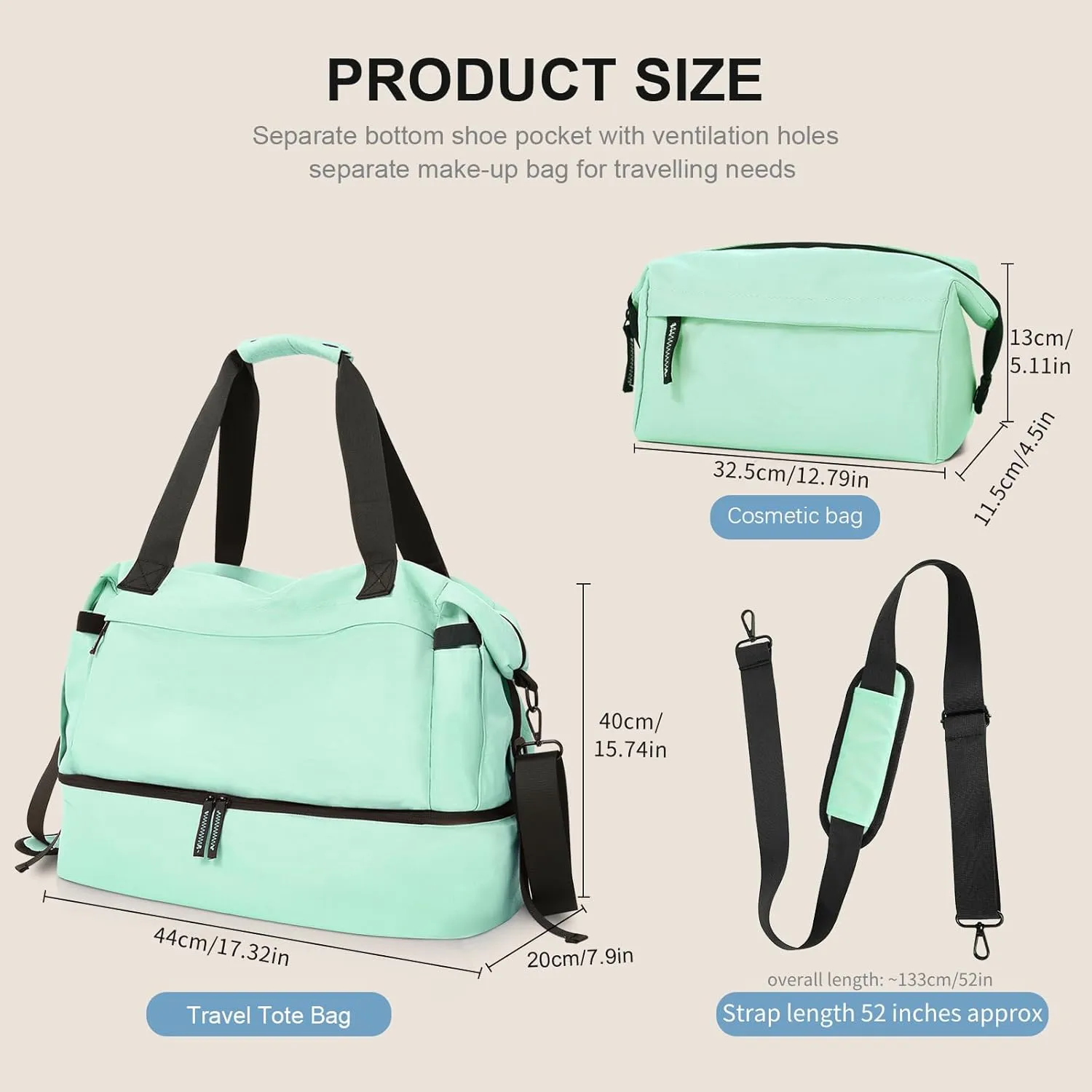 Mint Green Gym & Travel Duffel Bag for Women - Weekender with Shoes Compartment, Wet Pocket & USB Charging Port, Carry On Size