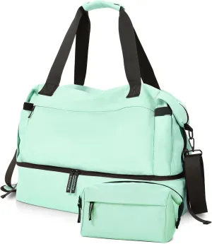 Mint Green Gym & Travel Duffel Bag for Women - Weekender with Shoes Compartment, Wet Pocket & USB Charging Port, Carry On Size