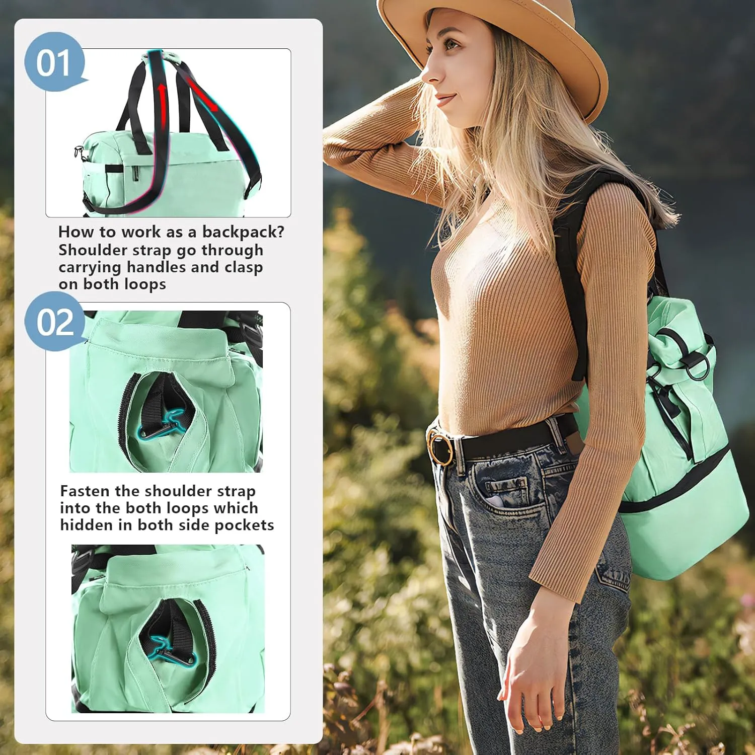 Mint Green Gym & Travel Duffel Bag for Women - Weekender with Shoes Compartment, Wet Pocket & USB Charging Port, Carry On Size