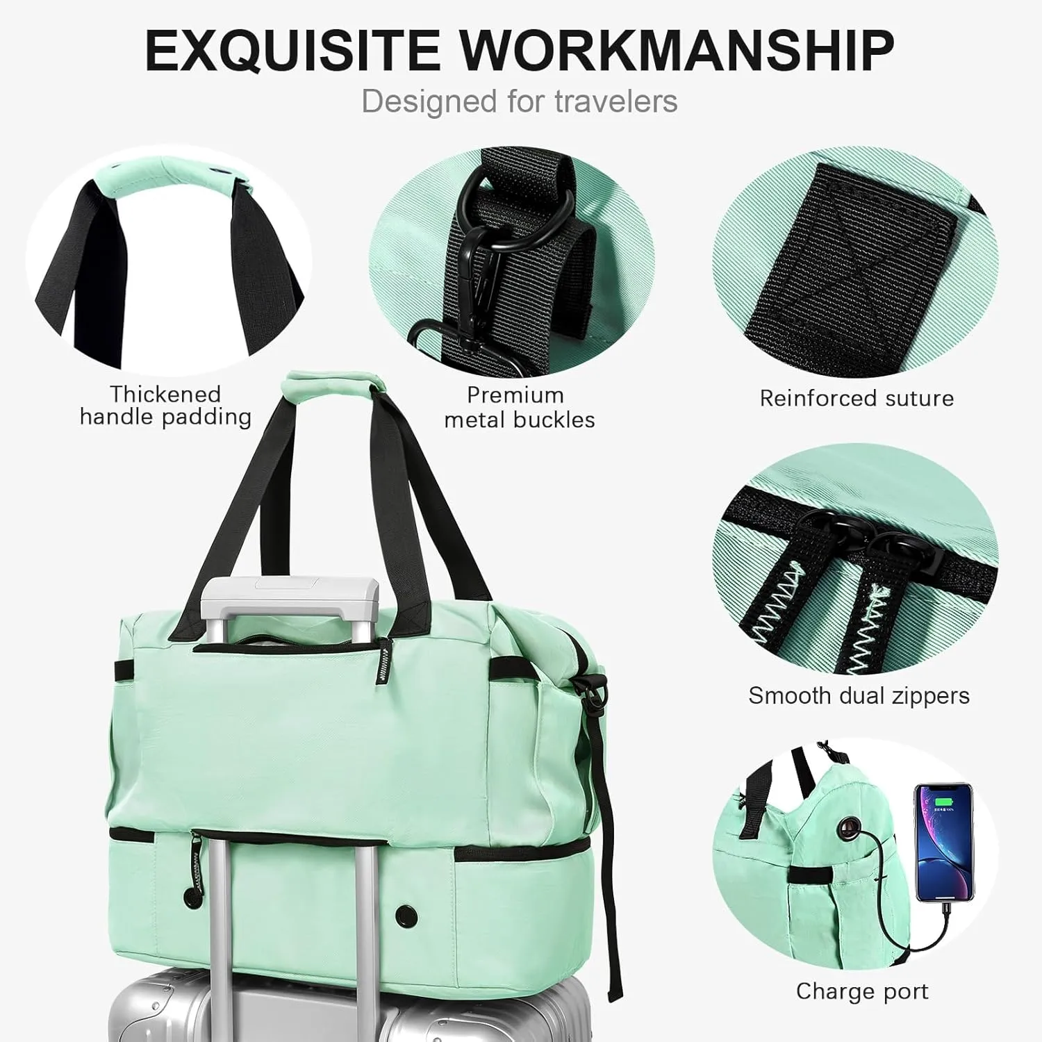 Mint Green Gym & Travel Duffel Bag for Women - Weekender with Shoes Compartment, Wet Pocket & USB Charging Port, Carry On Size