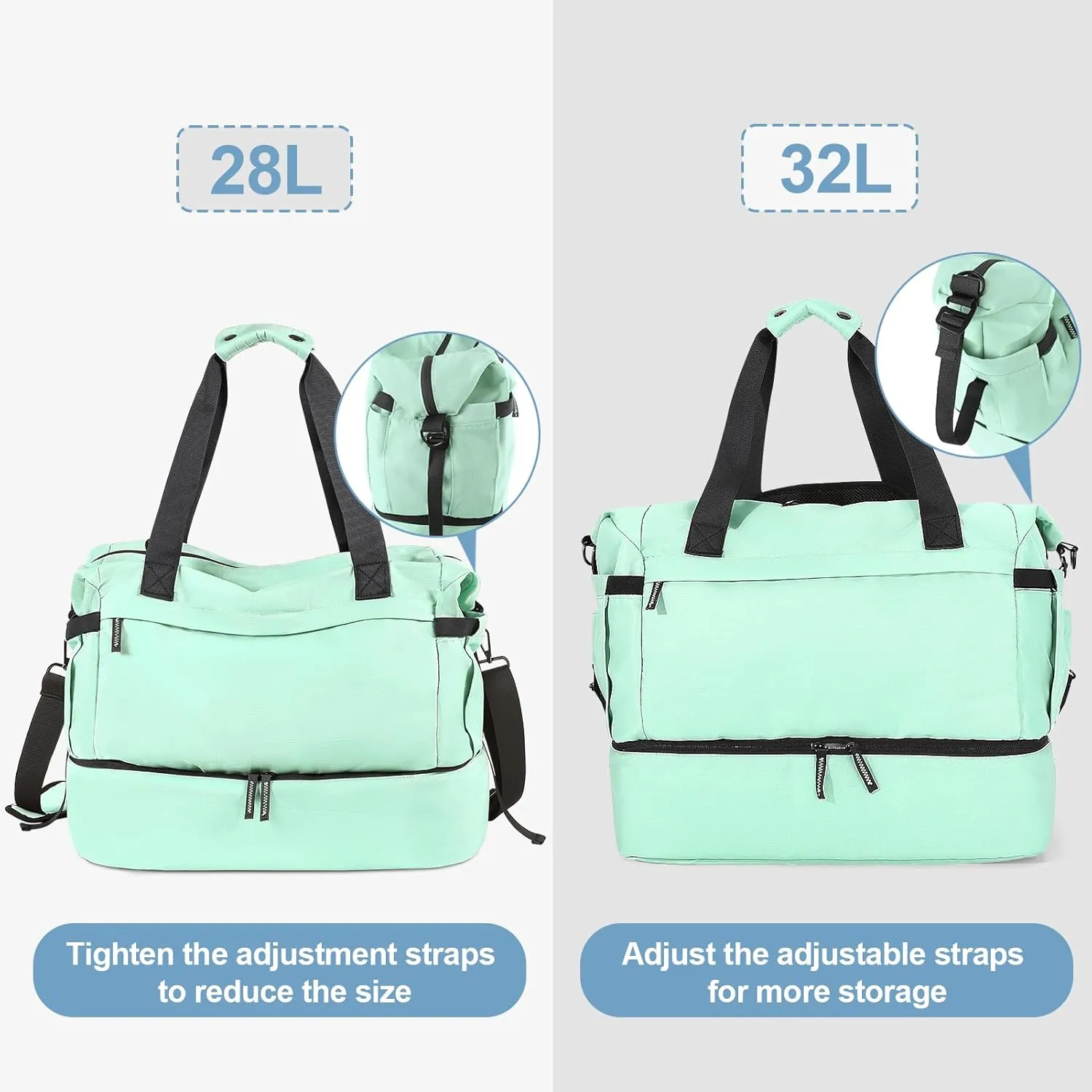 Mint Green Gym & Travel Duffel Bag for Women - Weekender with Shoes Compartment, Wet Pocket & USB Charging Port, Carry On Size