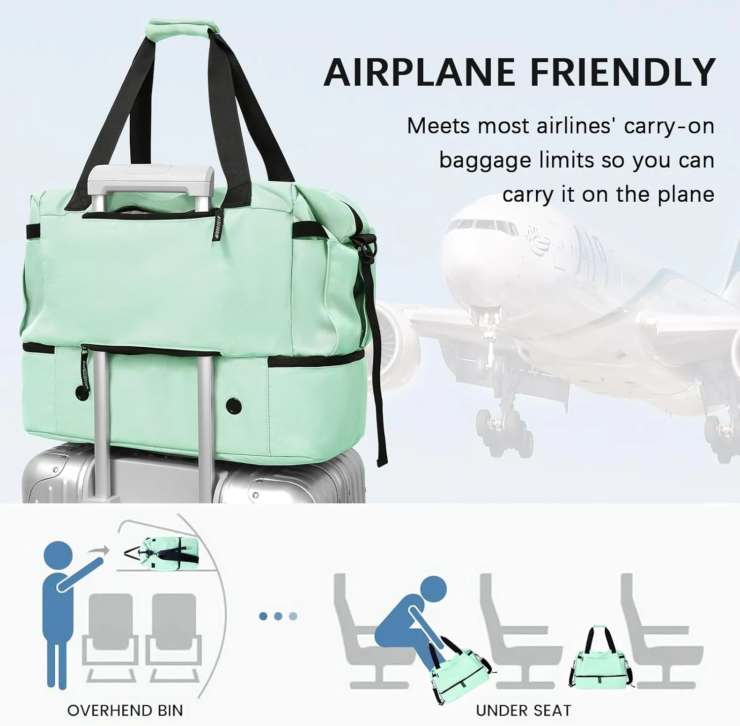 Mint Green Gym & Travel Duffel Bag for Women - Weekender with Shoes Compartment, Wet Pocket & USB Charging Port, Carry On Size