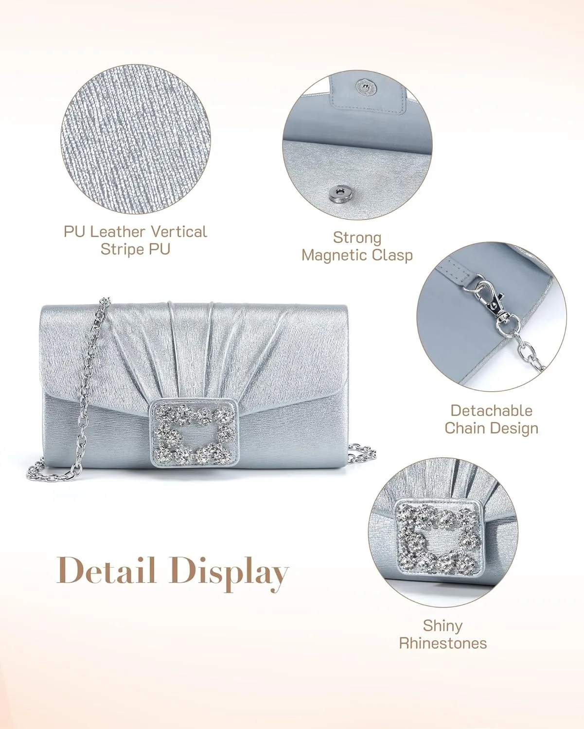 Missnine Evening Bag Pleated PU Leather Clutch Purse for Women Elegant Formal Wedding Handbag Sparkling Party Prom Purse