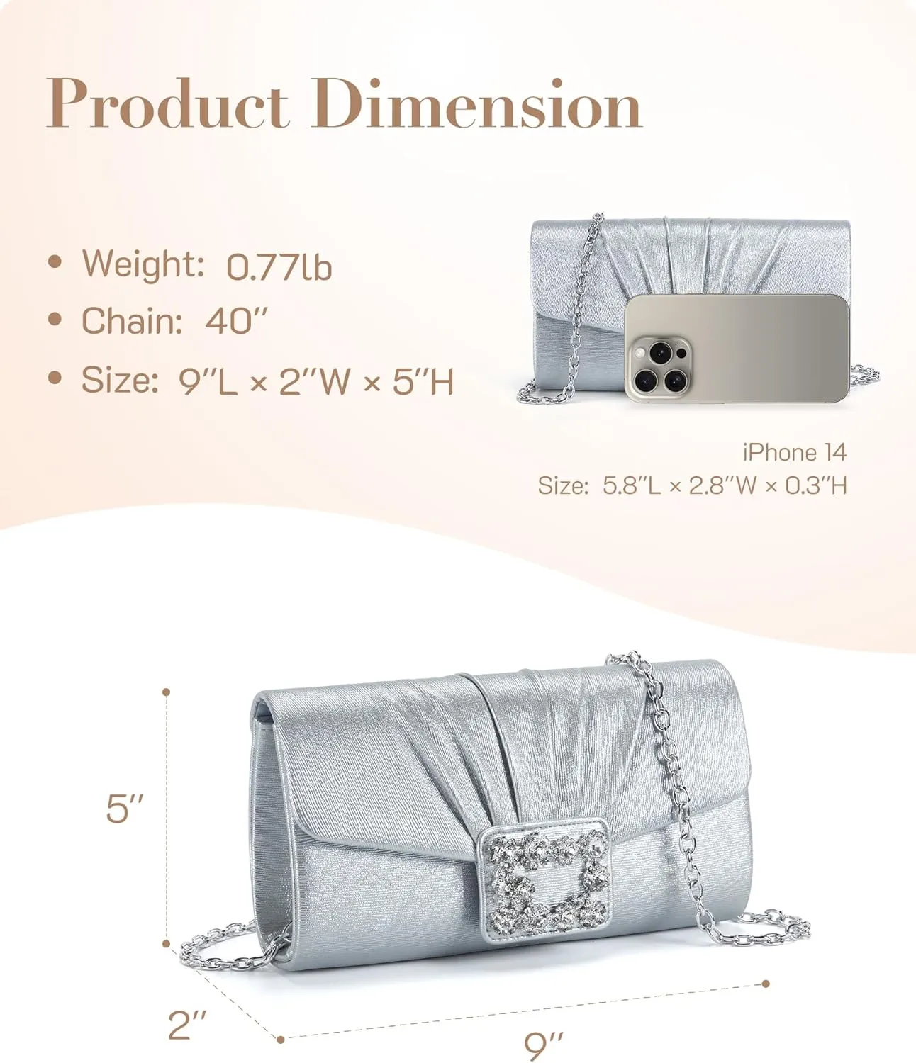 Missnine Evening Bag Pleated PU Leather Clutch Purse for Women Elegant Formal Wedding Handbag Sparkling Party Prom Purse