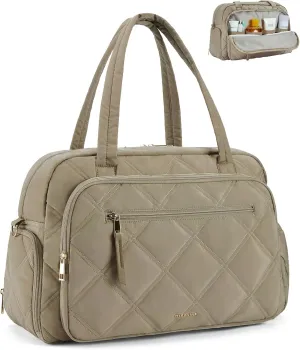 Missnine Small Gym Bag for Women with Shoe Compartment, weekend bag for Travel with Toiletry Organizer Compartment, Overnight Quilted Duffle for Airplane, Puffer Camel