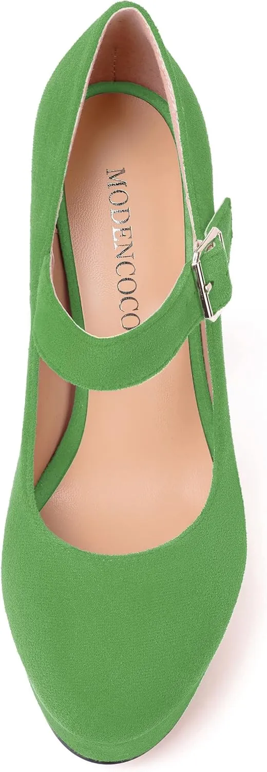 MODENCOCO Womens Fashion Mary Jane Suede Ankle Strap Round Toe Evening Platform Sexy Buckle Block High Heel Pumps Dress Shoes 5 Inch