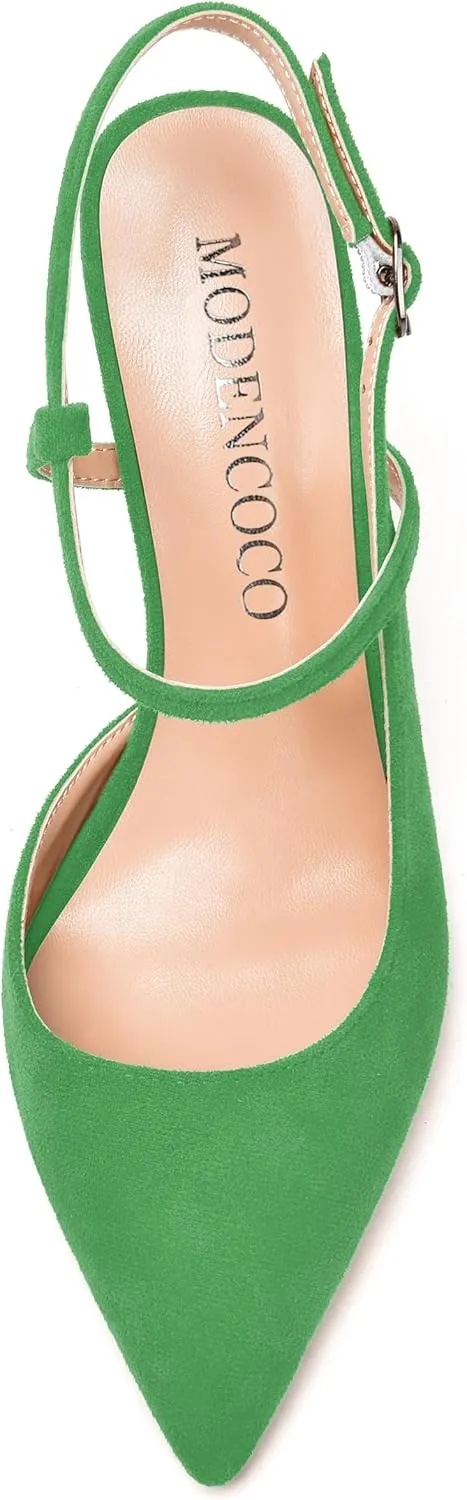 MODENCOCO Womens Fashion Night Club Ankle Strap Sexy Suede Buckle Pointed Toe Block High Heel Pumps Shoes 4 Inch