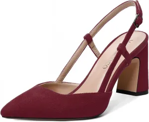 MODENCOCO Womens Slingback Evening Sexy Pointed Toe Suede Fashion Buckle Block High Heel Pumps Shoes 3.3 Inch