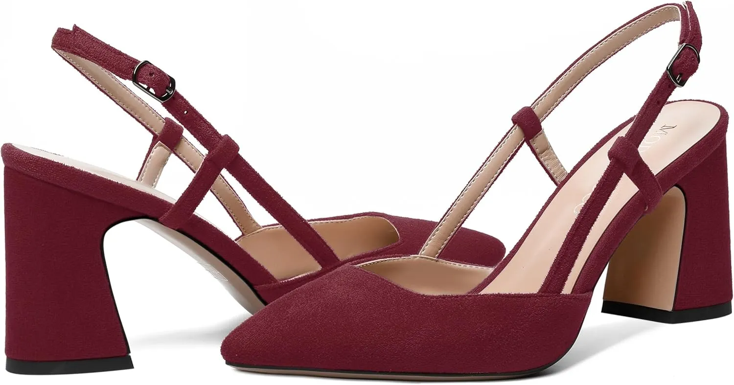 MODENCOCO Womens Slingback Evening Sexy Pointed Toe Suede Fashion Buckle Block High Heel Pumps Shoes 3.3 Inch