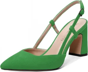 MODENCOCO Womens Slingback Evening Sexy Pointed Toe Suede Fashion Buckle Block High Heel Pumps Shoes 3.3 Inch