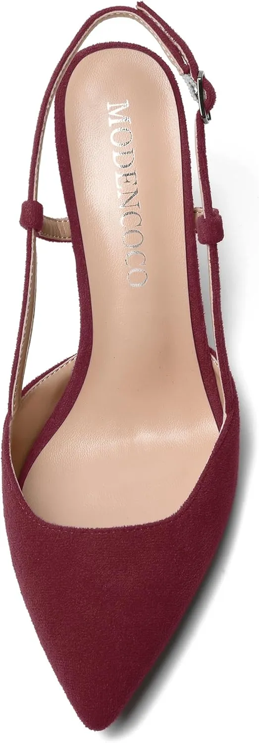 MODENCOCO Womens Slingback Evening Sexy Pointed Toe Suede Fashion Buckle Block High Heel Pumps Shoes 3.3 Inch