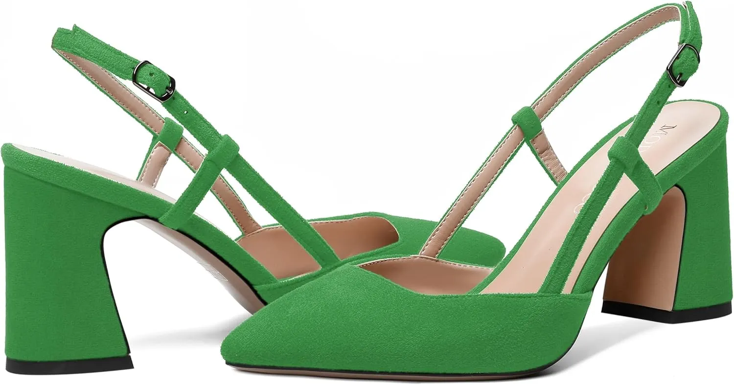 MODENCOCO Womens Slingback Evening Sexy Pointed Toe Suede Fashion Buckle Block High Heel Pumps Shoes 3.3 Inch