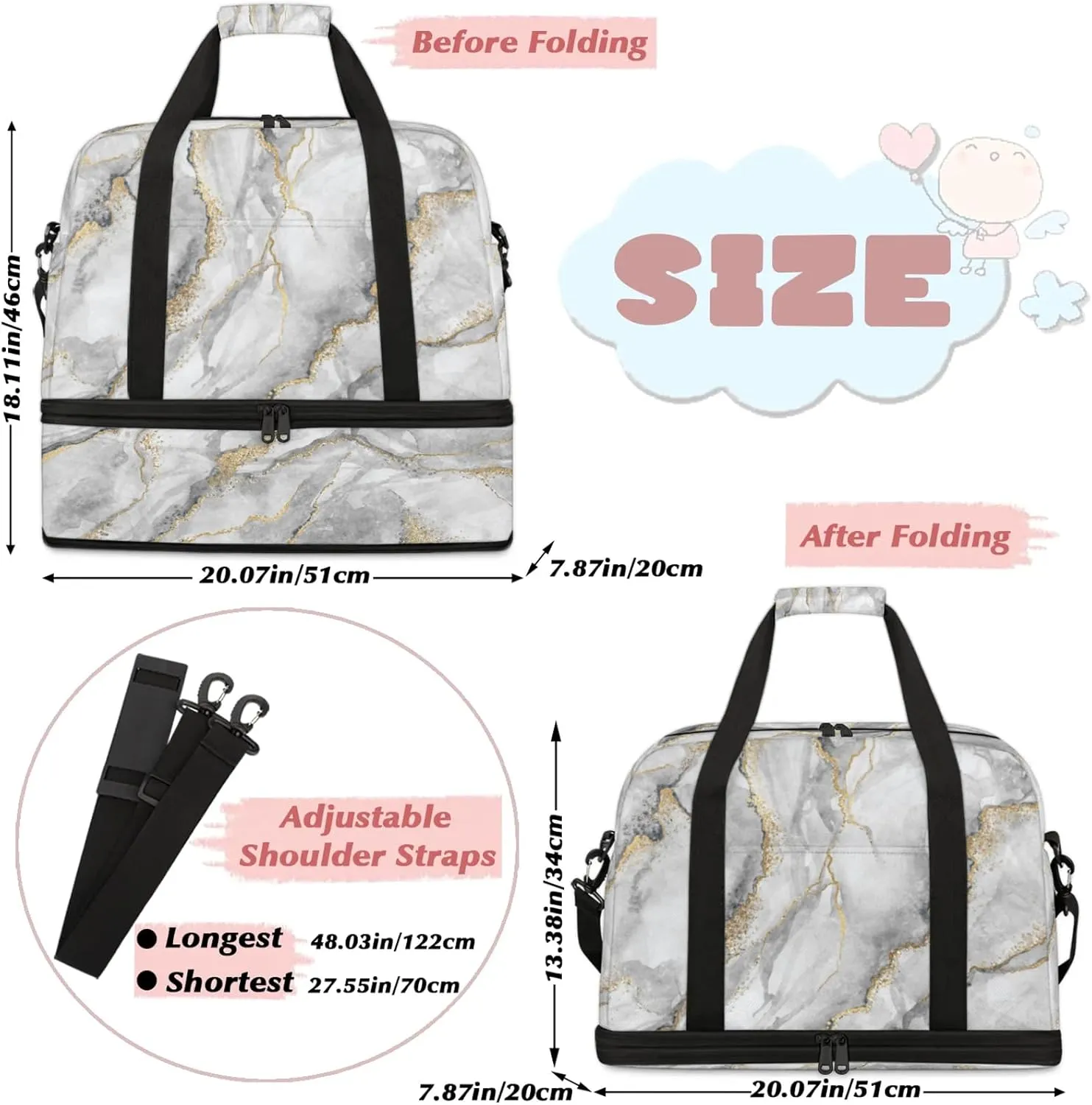 Modern Marble Gold Travel Duffel Bags for Women & Men Large Sports Gym Bags Foldie Weekender Overnight Bag Carry On Tote Bag With Shoe Compartment Personal Item Luggage for Travel Sports Gym