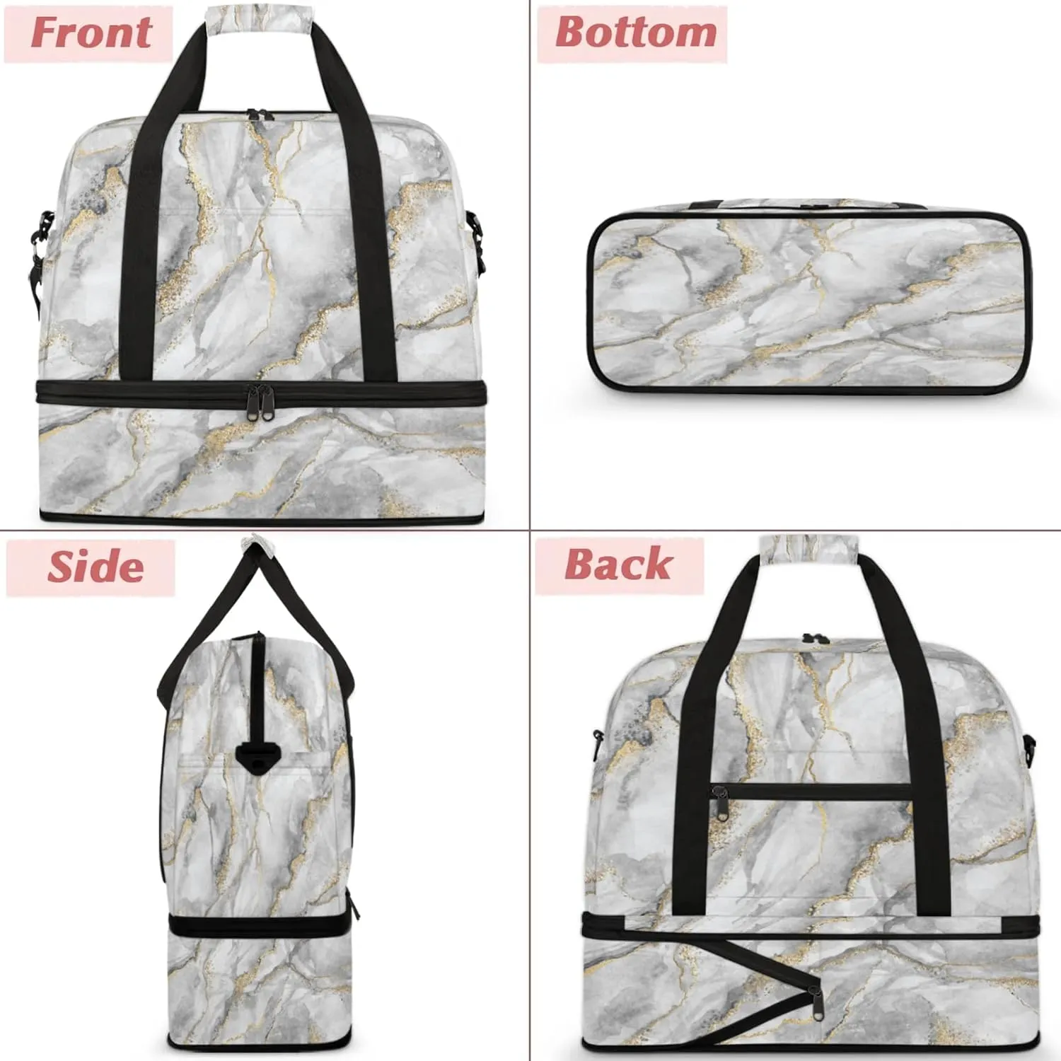 Modern Marble Gold Travel Duffel Bags for Women & Men Large Sports Gym Bags Foldie Weekender Overnight Bag Carry On Tote Bag With Shoe Compartment Personal Item Luggage for Travel Sports Gym