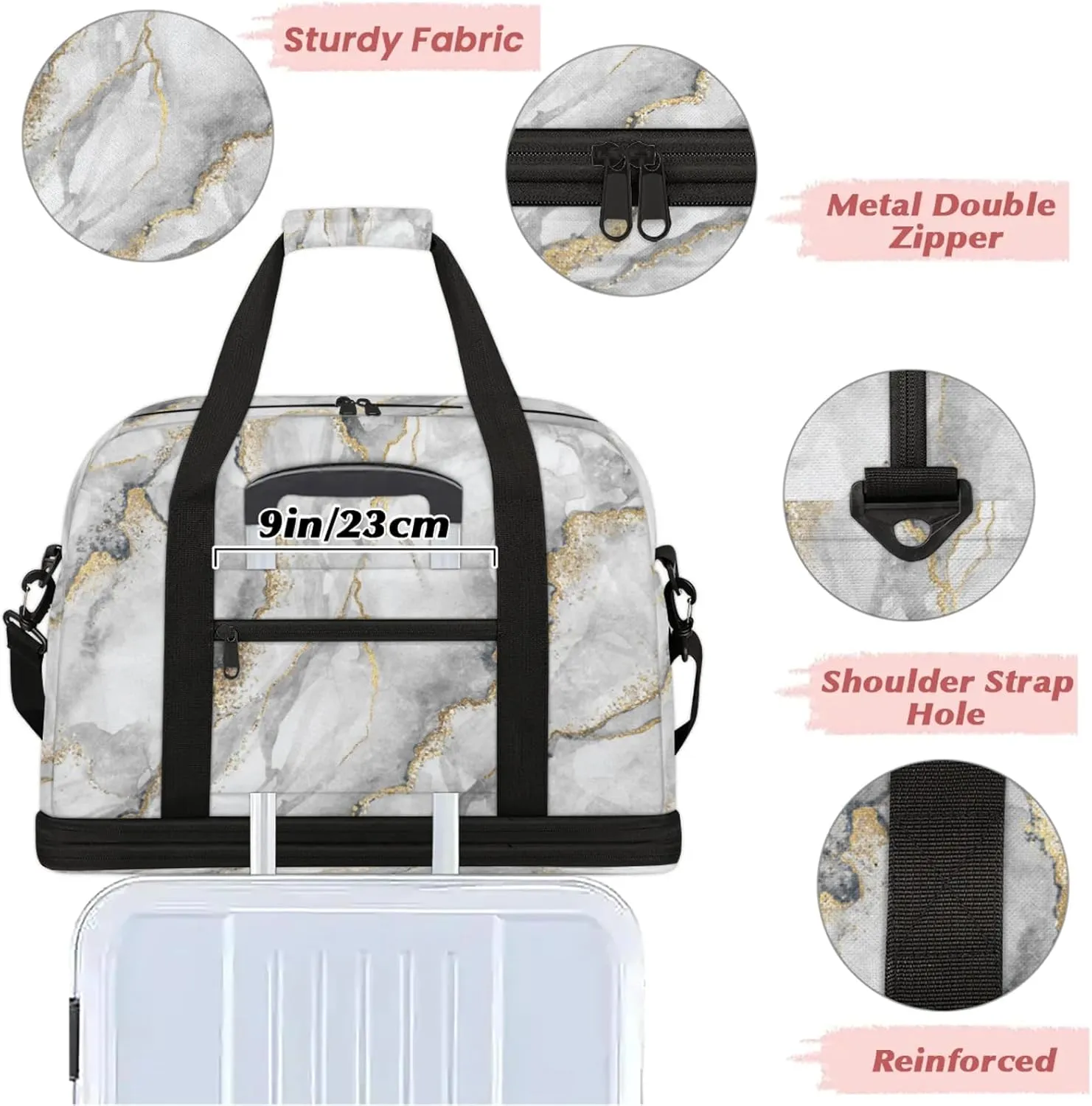 Modern Marble Gold Travel Duffel Bags for Women & Men Large Sports Gym Bags Foldie Weekender Overnight Bag Carry On Tote Bag With Shoe Compartment Personal Item Luggage for Travel Sports Gym