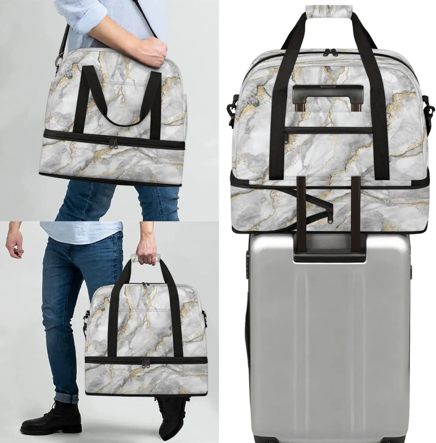 Modern Marble Gold Travel Duffel Bags for Women & Men Large Sports Gym Bags Foldie Weekender Overnight Bag Carry On Tote Bag With Shoe Compartment Personal Item Luggage for Travel Sports Gym