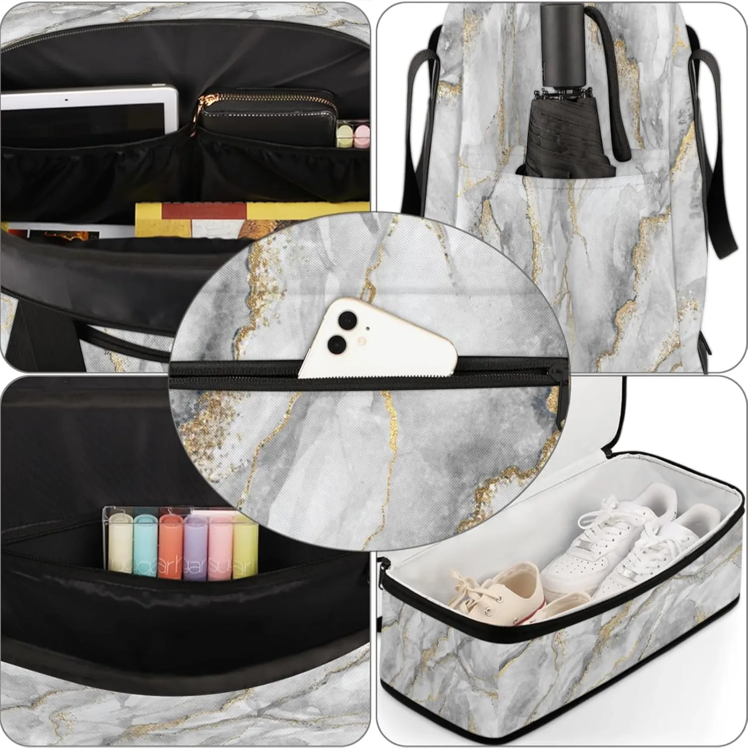 Modern Marble Gold Travel Duffel Bags for Women & Men Large Sports Gym Bags Foldie Weekender Overnight Bag Carry On Tote Bag With Shoe Compartment Personal Item Luggage for Travel Sports Gym
