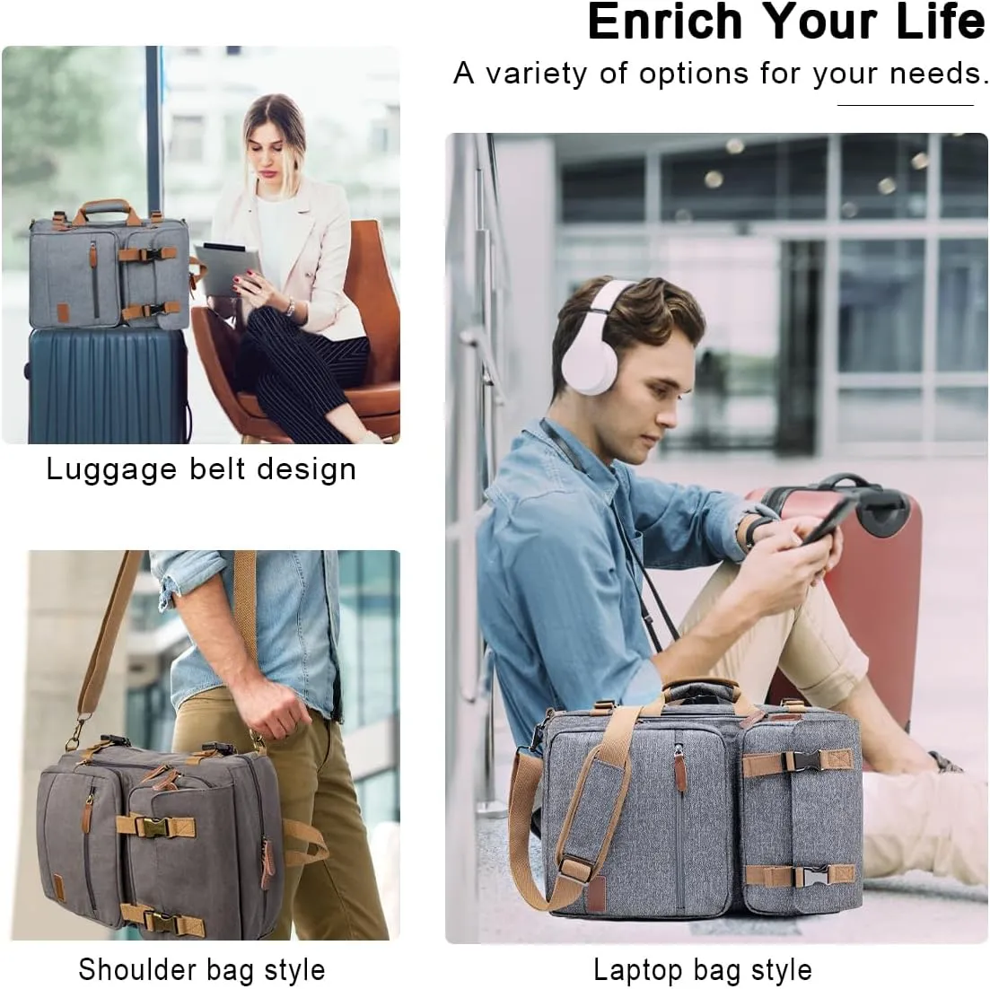 MOLNIA 3 in 1 Laptop Bag for Men, 15.6 Inches Office Laptop Work Bags, Computer Bags for Laptops for Men Women, Business Backpack, Briefcases Messenger Crossbody Shoulder Bag for Men, Gray
