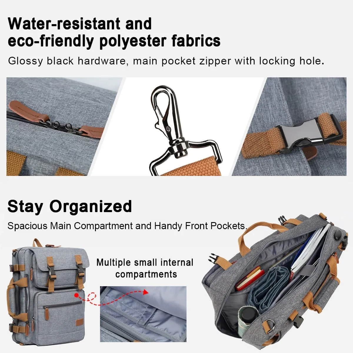 MOLNIA 3 in 1 Laptop Bag for Men, 15.6 Inches Office Laptop Work Bags, Computer Bags for Laptops for Men Women, Business Backpack, Briefcases Messenger Crossbody Shoulder Bag for Men, Gray
